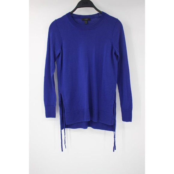 J.Crew sweater Women XS Merino Wool Crew Neck Long Sleeve Blue Side Slit Tie - Picture 1 of 9